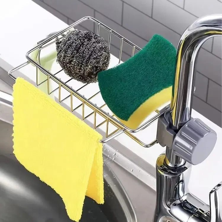 HousewareCollection Stainless Steel Sponge Holder for Kitchen Sink | Adjustable Faucet Rack Organizer | Soap Drainer & Sink Caddy Storage Basket housewarecollections